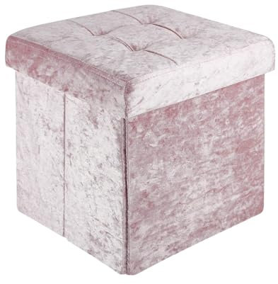 Intirilife Pouf Pliable 30x30x30 cm en Velours Rose - Cube de siège avec Couvercle et Espace de Rangement en Tissu avec Creux - Sitzcube Repose-Pieds Pliable Coffre de Rangement Pouf
