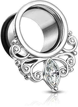 Treuheld® Silberner Flesh Tunnel mit Verzierung und Kristall 8 mm