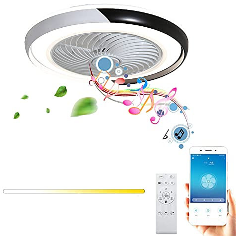 Deckenleuchte Schwarz Deckenventilatoren Mit Beleuchtung und Bluetooth-Lautsprecher Fernbedienung und APP Ultra-Leise Ventilator Musik Deckenlampe LED Dimmbar für Schlafzimmer Esszimmer Runde 50CM