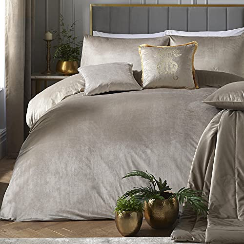 Laurence Llewelyn-Bowen Beige Linen Velvet Duvet Cover Set - King Size (230 x 220cm), 2 Pillowcases, Soft Touch, Designer Velvets