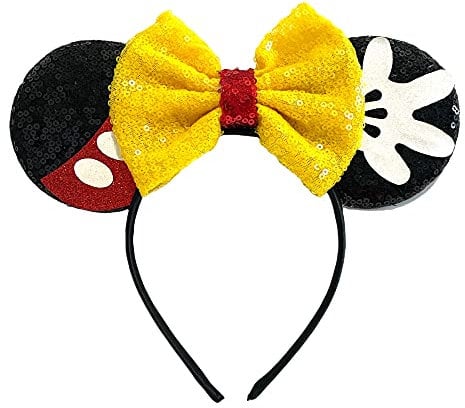 Mickey Mouse Ears Alice Headband With Big 5 Yellow Sequin Top Bow Handmade