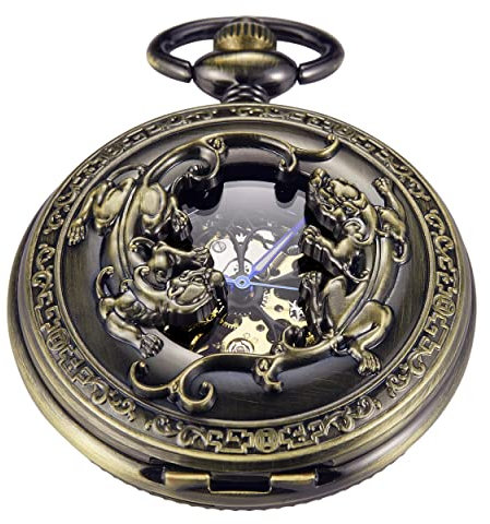 Tiong Mechanical Hand Winding Pocket Watch Gift, Engraved Wild Animal Pattern, with Roman Numerals, Bronze Mechanical Pocket Watch for Men