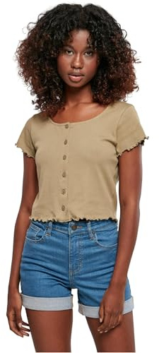 Urban Classics Damen Ladies Cropped Button Up Rib Tee Khaki, 3XL
