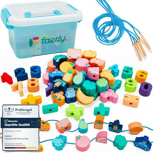 Faerly® Fädelspiel 60 Teile + Box - Montessori Spielzeug ab 2 3 4 5 6 Jahre für Kinder Pädagogisches Spiele Bauernhof Motorikspielzeug Holzspielzeug Feinmotorik