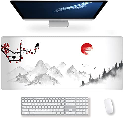 Grand tapis de souris de jeu traditionnel oriental peinture à l'encre XXL Tapis de souris avec base en caoutchouc antidérapant Bords cousus Décoration de bureau pour femmes, filles et hommes, 90 x 40