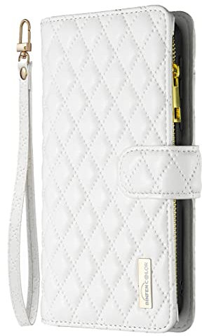 iPhone 13 Pro Max Phone Case Zipper Flip Shockproof Leather Wallet Cover with Kickstand Card Holder Silicone Bumper Zip Pocket Folio Cases for iPhone 13 Pro Max Case for Girls Women, White