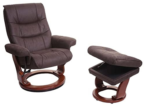 MCA Relaxsessel HWC-J42, Fernsehsessel TV-Sessel Hocker, Stoff - schwarz-braun Wildleder-Imitat, Gestell Walnuss-Optik