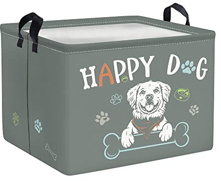 Clastyle Waterproof Grey Happy Dog Toy Storage Baskets for Puppy, 15.7x11.8x11.8 in
