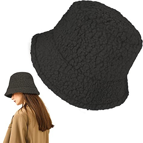 Fischerhut Damen Winter Fell Warm Wollmütze Flauschiger Warmer Pelziger Frauen Bucket Hat für den Winter Cap Wintermütze Damen aus Lammwolle