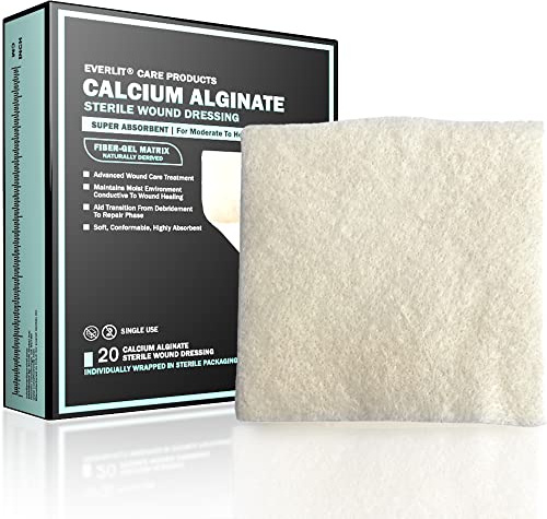 EVERLIT Calciumalginat Wundverband | Sanfte, antihaftbeschichtete sterile Wundauflage | Weiche und hochsaugfähige Bandage mit beruhigender Gelmatrix (20 Stück)