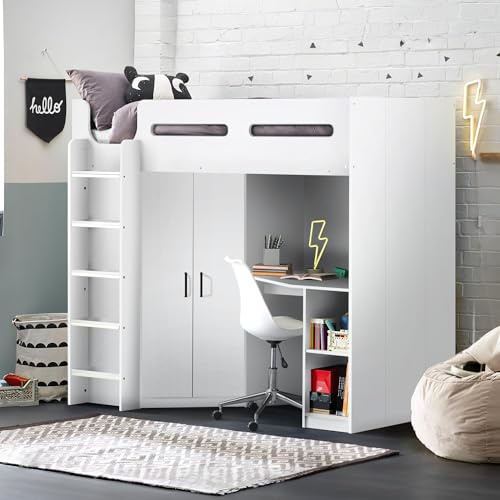 Julian Bowen Hercules High Sleeper Bed, Single, White - H173 x W96cm | Modern Kids Bed with Desk & Ladder, 90cm/3ft, Space-Saving Bed, Ideal for Smaller Spaces