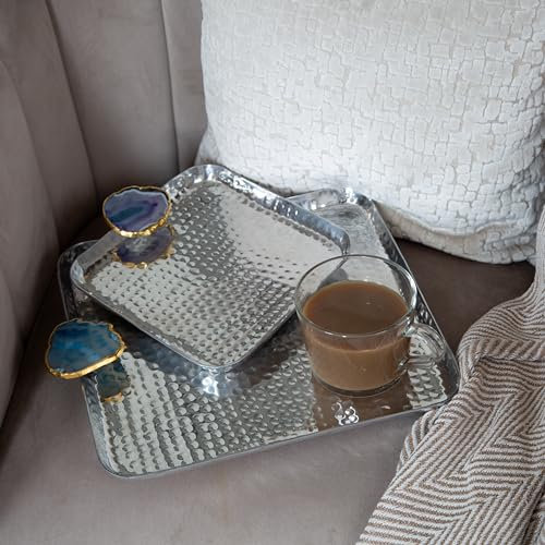 Square Silver Metal Hammered Effect 2 Pack Serving Tray - Colourful Resin Handles With Gold Metallic Leaf Edge - Living/Kitchen Home Decor/Outdoor Bar/Drinks Platter