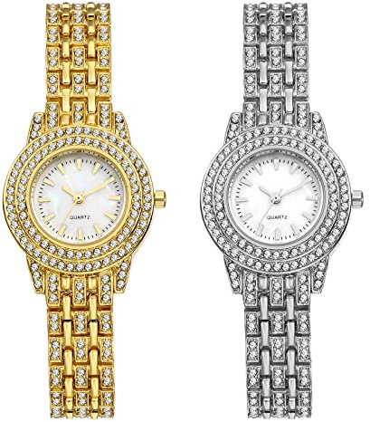 JewelryWe 2pcs Armbanduhr Damen Luxus Elegant Strass Glitzer Analog Quarz Uhr Damenuhr mit Muschel Zifferblatt und Metall-Armband, Gold Silber
