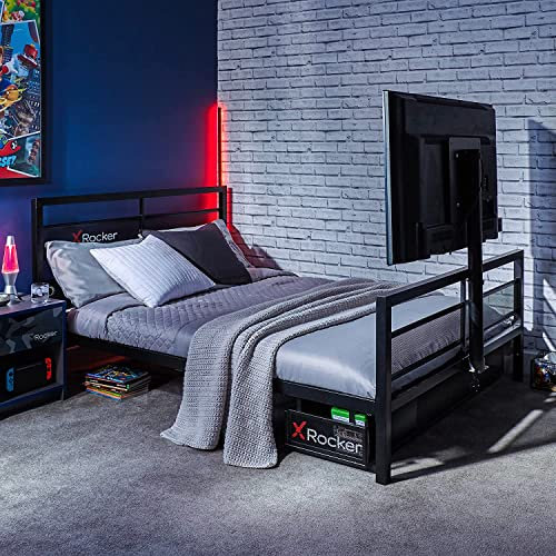 X-Rocker Basecamp TV Gaming Bed with Rotating TV Mount, Storage and Cable Management Double 4,6ft Low Sleeper Bedstead, Metal Frame, Up to 55 TV Supported with Double Mattress Bundle Included - BLACK