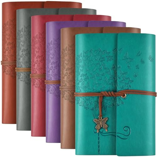 6 Stück PU-Leder-Notizbuch, Reisetagebuch, nachfüllbar, Vintage-Tagebücher zum Schreiben, Tagebuch, Geschenke für Frauen, Männer, Mädchen, 100 g/m², liniertes Papier, je 160 Seiten und 2 Taschen