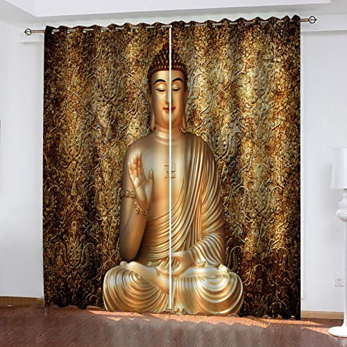 Blickdichter Vorhang 3D Goldenes Buddha-Muster Druck Verdunklungsvorhänge Mit Ösen, Thermogardine Für Wohnzimmer Schlafzimmer Fensterdekoration Kinderzimmer Junge Mädchen 2Er Set 160X150cm (HxB)