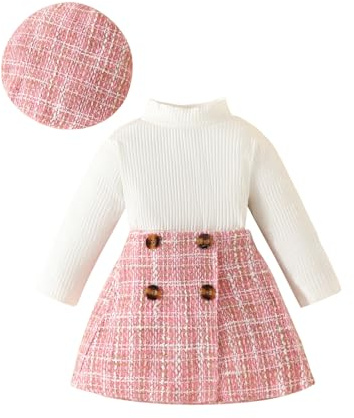 Tenue d'automne pour bébé fille, col haut, manches longues, côtelée, vêtements pour petite fille, pull à carreaux, ligne A, jupe courte, robe fille, rose, 12-18 mois