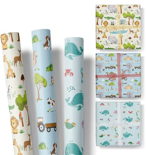 Geschenkpapier Kinder – 3 Rollen im Set – Motive: Safari, Bauernhof, Meerestiere – für Geburtstag oder Weihnachten – Packpapier für Mädchen und Jungen – Rolle: 47 cm breit, 3 m lang - SET 2