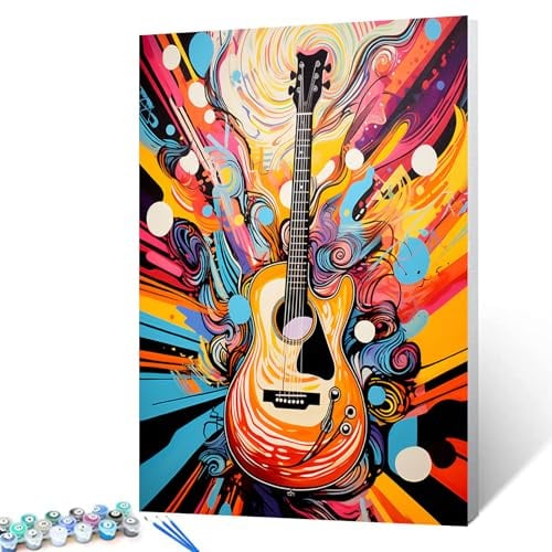 Music Equipment Gitarren-Malen-nach-Zahlen-Set mit Pinseln und Acryl-Pigmenten auf Leinwand, Gemälde für Erwachsene, Graffitic, Rockmusik, Kunst, Bastelprojekt für Heimdekoration, Geschenke, 40,6 x