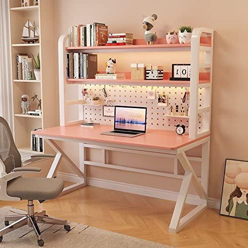 BOKNI Computertisch mit Regalen und Stecktafel, 99 cm, Home-Office-Schreibtisch, moderner Studentenschreibtisch/Arbeitsplatz, einfach zu montieren, Rosa