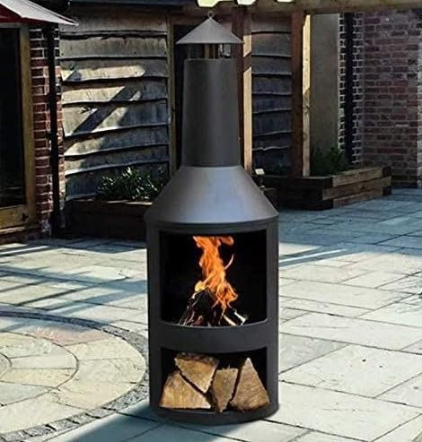 Garden Mile Large Steel Chiminea Log Burner Outdoor Wood Heater Fire Pit for Garden and Patio Built-in Log Storage Tall Black Durable Heat Resistant Freestanding Fireplace Outside Furniture 135cm