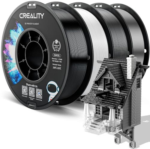 Creality PETG Filament 1.75mm, Hohe Präzision, Starke Zähigkeit, Geruchlos, Besserer Fluss, 4kg 3D Drucker Filament, 1.75mm Maßgenauigkeit +/- 0.03mm, PETG Schwarz+Weiß+Grau+Transparent