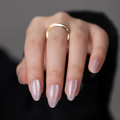 French False Nails - 24 Pcs Full Cover False Nails Pink Cat Eye Almond Stick on Nails - Nude Pink Press on Nails with Glue - Fake Nails Stick on Nails for Women and Girls Nail Art