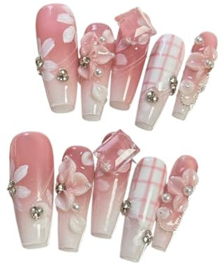 Long Pink Fales Nails Wearing Press on Nails Handmade Carved Long Nail Pink Flower Diamond Transparent False Nails Detachable Nails for Girls Women