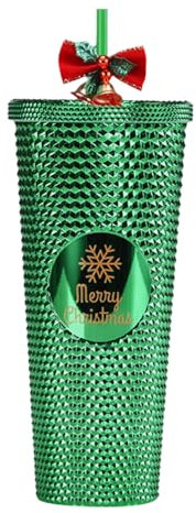 710ml Christmas Studded Tumbler with Bell Straw Lid, Plastic Double Walled Cold Cup for iced Coffee, Reusable Water Cups, Coffee Mug Santa Drinkware Cup, for Christmas Party Girls Boys Gift (Green)