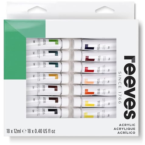 Reeves Acrylic Paint Set – 18 x 12ml assorted vibrant Colour tubes - Art Supplies for Adults Suitable for beginners, leisure and recreational users - Suitable for Multiple Surfaces