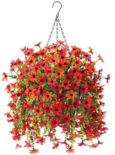 Artificial Fake Autumn Hanging Flowers Plants with Basket Outdoor Fall Decor,Faux Silk Colorful Daisy in Metal Coconut Lining pot Plastic Shrubs Decor Farmhouse Home Garden Thanksgiving(Red Orange)