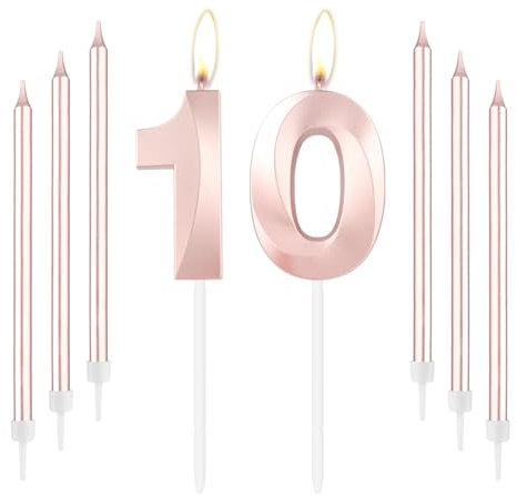 mciskin Rose Gold 10 Birthday Candles-Number 10 Candle for Cake with Long Thin Candles Set, Rose Gold Cake Topper for Girl 10th Birthday Decorations Supplies,10th Wedding Anniversary Decorations