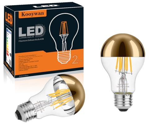 KOOYWAN A19 LED Kopfspiegel gold Filament Lampe A60 E27 Filament Lampe 6 Watt 2700K 2stk