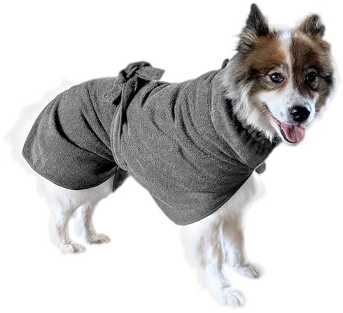 Smithy Hundebademantel PERSONALISIERT aus 100% Baumwolle - schnelles Anziehen, elastischer Kragen, Gürtel und Rutenschlitz, saugstark und trocknet schnell - in verschiedenen Größen (Grau, M)