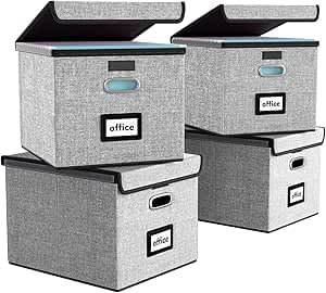 FINEW Stoff Faltbare Aufbewahrungsbox mit Deckel, Hängemappenbox für DIN A4 Hängeregister, Aufbewahrungsboxen für Büro, Faltbox für Familien (Grau) 4 pack