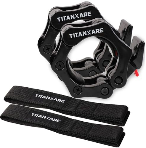 TITANKARE Olympic Barbell Clips Combo - 2 Inch Barbell Clamps and Wrist Support Straps, Gym Barbell Bar Accessories, Locking Barbell Collars for Fitness Weightlifting, Quick Release Weight Bar Clips