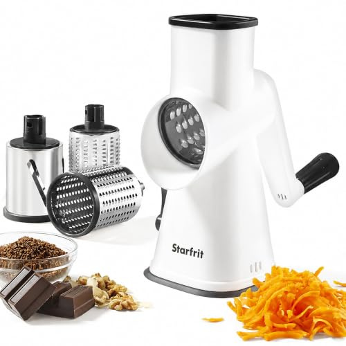 Starfrit Rotary Drum Grater - 4 Interchangeable Stainless Steel Drums - Slicing, Coarsely and Fine Grating, Ice Shaving - Ideal for Vegetables, Cheese, Nuts, Chocolate