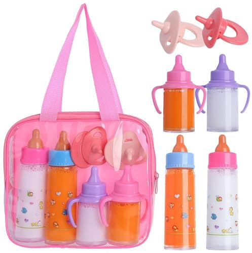 Generic Doll Accessories: Baby Doll Feeding Set - 6-Piece Set With 2 Milk And Juice Bottles In A Tote Bag - Pink