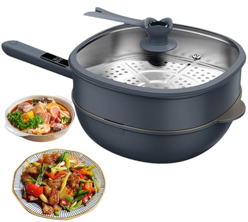 Pentola Elettrica con Cottura a Vapore e Coperchio, Padelle Multifunzione da 33 cm con Maniglia per Visualizzazione della Temperatura, Promemoria Temporizzato, Padella Antiaderente in Alluminio
