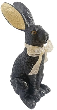 Macosa Osterhase Schwarz Gold 28 cm Polyresin Dekohase mit Schleife | Hasenfigur und Osterdeko für Sideboard, Tisch und Fensterbank, goldfarbene Ohren, Maße 28 x 10 x 13 cm