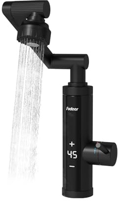 Fudeer 230V Edelstahl Elektrischer Warmwasserhahn,3.3 kW 30-45℃ Warmwasserarmatur für Bade & Küche mit 2 Sprühmodi,1080°schwenkbarer Wasserhahn mit Digitaldisplay(Schwarz)