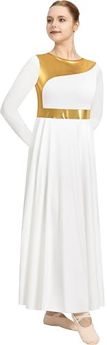 DANSHOW Women Praise Dance Dress Metallic Fit Full Length Liturgical Worship Costume Long Sleeve Dancewear(238109-07-S) White
