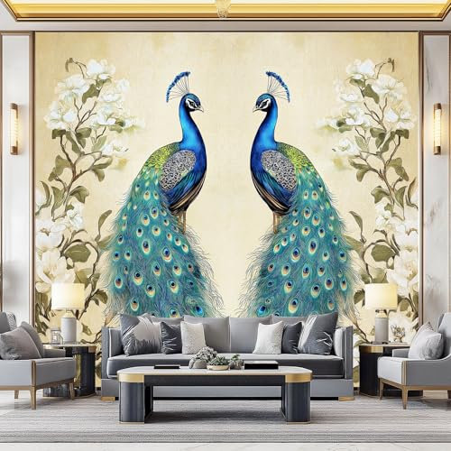 Wallpaper Traditional Flowers Peacocks Navy Blue White 200 X 140 Cm 3D Photo Wallpaper, Non-Woven Wall Mural for Living Room Bedroom, Large Modern Poster for Tv Background Wall Home Decor