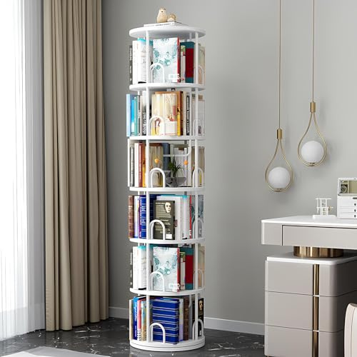 Drehbares Bücherregal 360 Grad, Holz-Eck-bücherregale, Bodenstehendes ständer Bücherschrank, Aufbewahrungsregal Organisator, Lagerregal für Schlafzimmer Kinderzimmer Wohnzimmer, Weiß (B, 6 Ebenen)