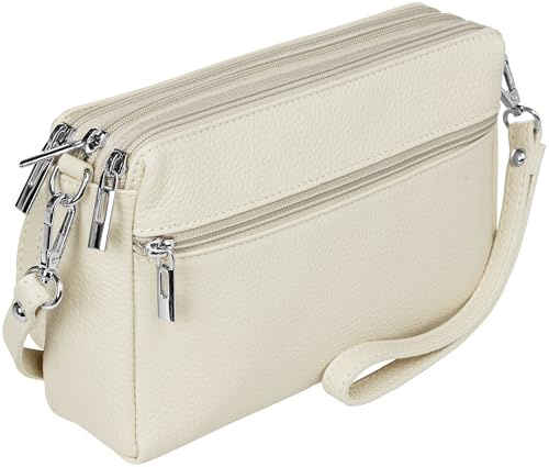 Caspar kleine Leder Umhängetasche Crossbody Bag elegante Damen Tasche mit 3 Fächern - CLASSIC LINE - Modell No.815 - Made in Italy, Farbe:hell beige