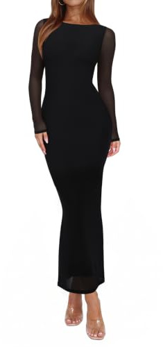 REORIA Women's Fall Mesh Sheer Long Sleeve Wedding Guest Dress Sexy Floral Bodycon Maxi Long Dresses