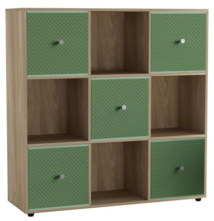 URBNLIVING 9 Cube Storage Unit with 5 Foldable Fabric Drawers, Wooden Freestanding Bookcase Shelf Organiser, Modern Cube Shelving for Bedroom, Office, Living Room, Toys, Clothes & Books