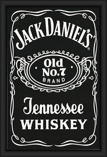 BUY ART FOR LESS Offizielles Lizenzprodukt Jack Daniels – Logo – gerahmtes Vintage-Kunstposter – 61 x 91 cm – stabiler Holzrahmen mit Plexiglas – fertig zum Aufhängen