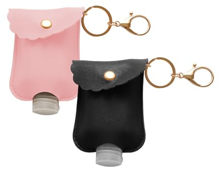 Bojueshaw 2PCS Hand Sanitiser Keychain Holders,Portable Refillable Hand Gel Dispensers,Empty Squeeze Bottles for Bags,Purses,Travel(Black&Pink)