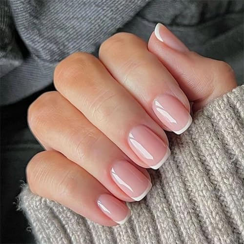KaleidNail 24 Piezas Uñas Postizas Medianas, Francesas Press on Nails Naturales Adhesivas Uñas, Acrílicas Cubierta Completa Uñas Falsas 12 Tamaños para Mujeres y Niñas